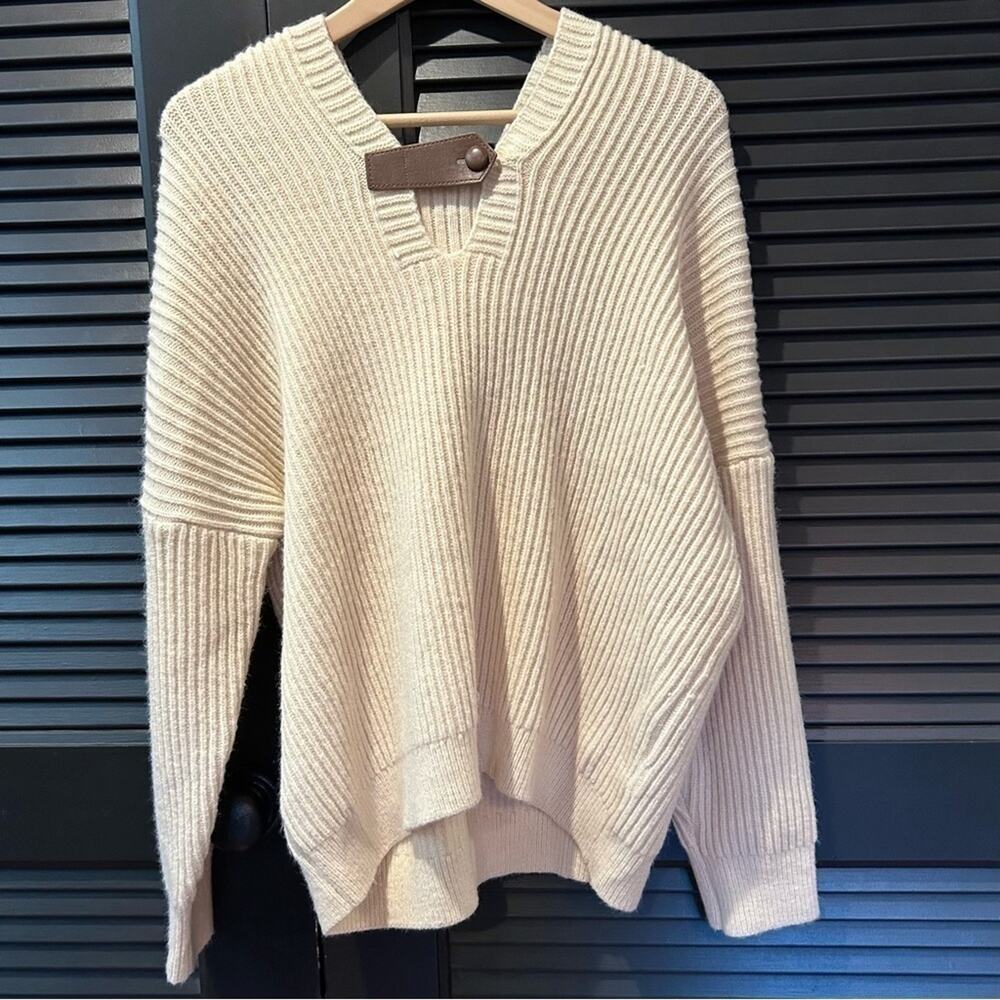 Hooded Cream Ribbed Sweater With Faux Leather Buckle Across Neckline, Size M/L